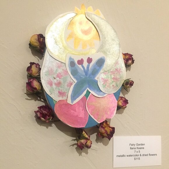 Fairy Garden Handmade one of a kind art watercolor, dried flowers on oval canvas